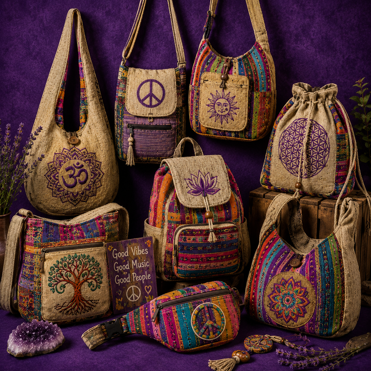 a variety of bags, totes and purses with mala beads and amethyst