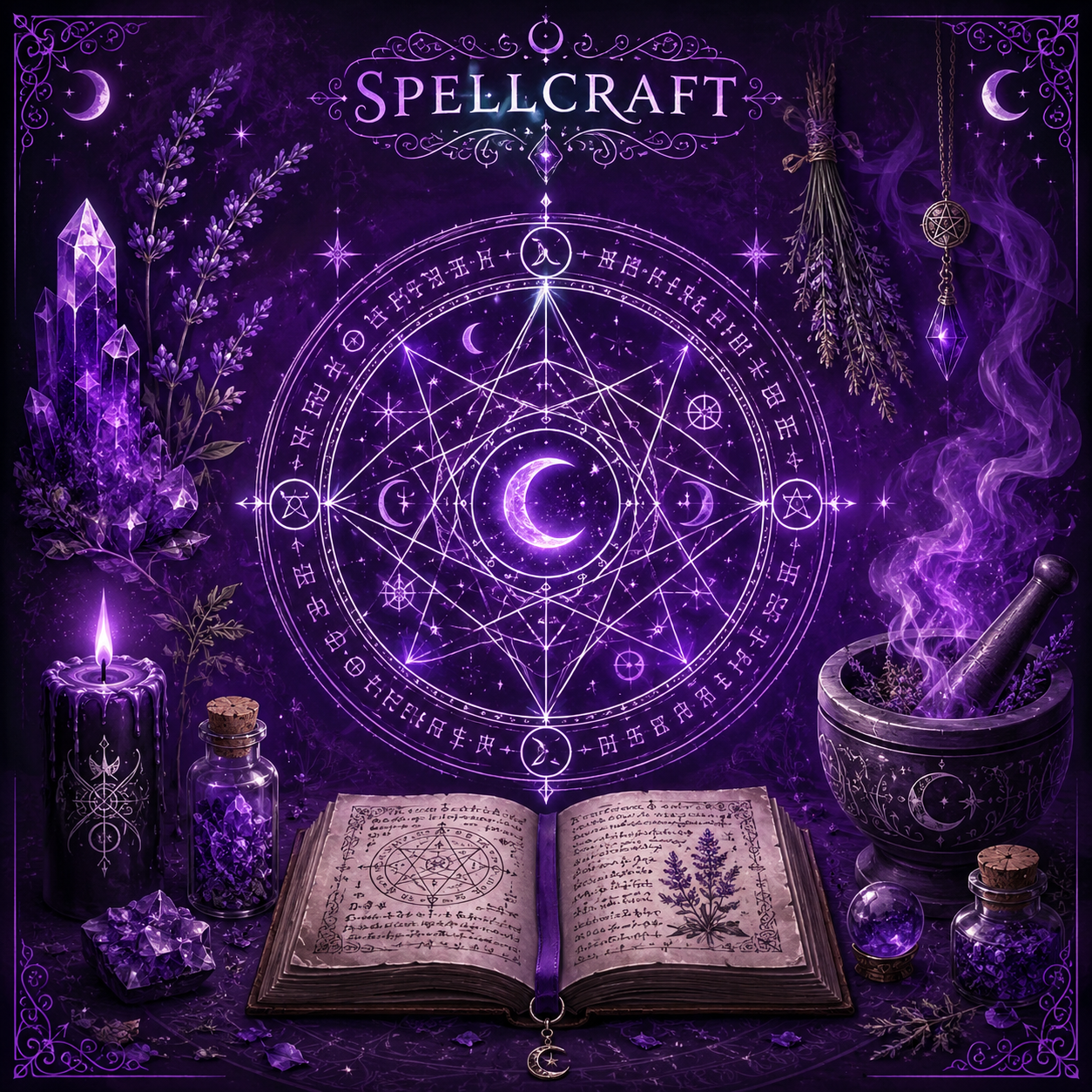 spell book and other spell craft items on a purple background