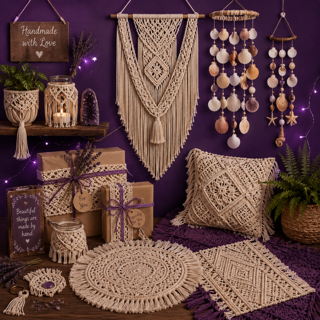 Various rugs, windchimes, wall hangings and other home decor items on a purple wall