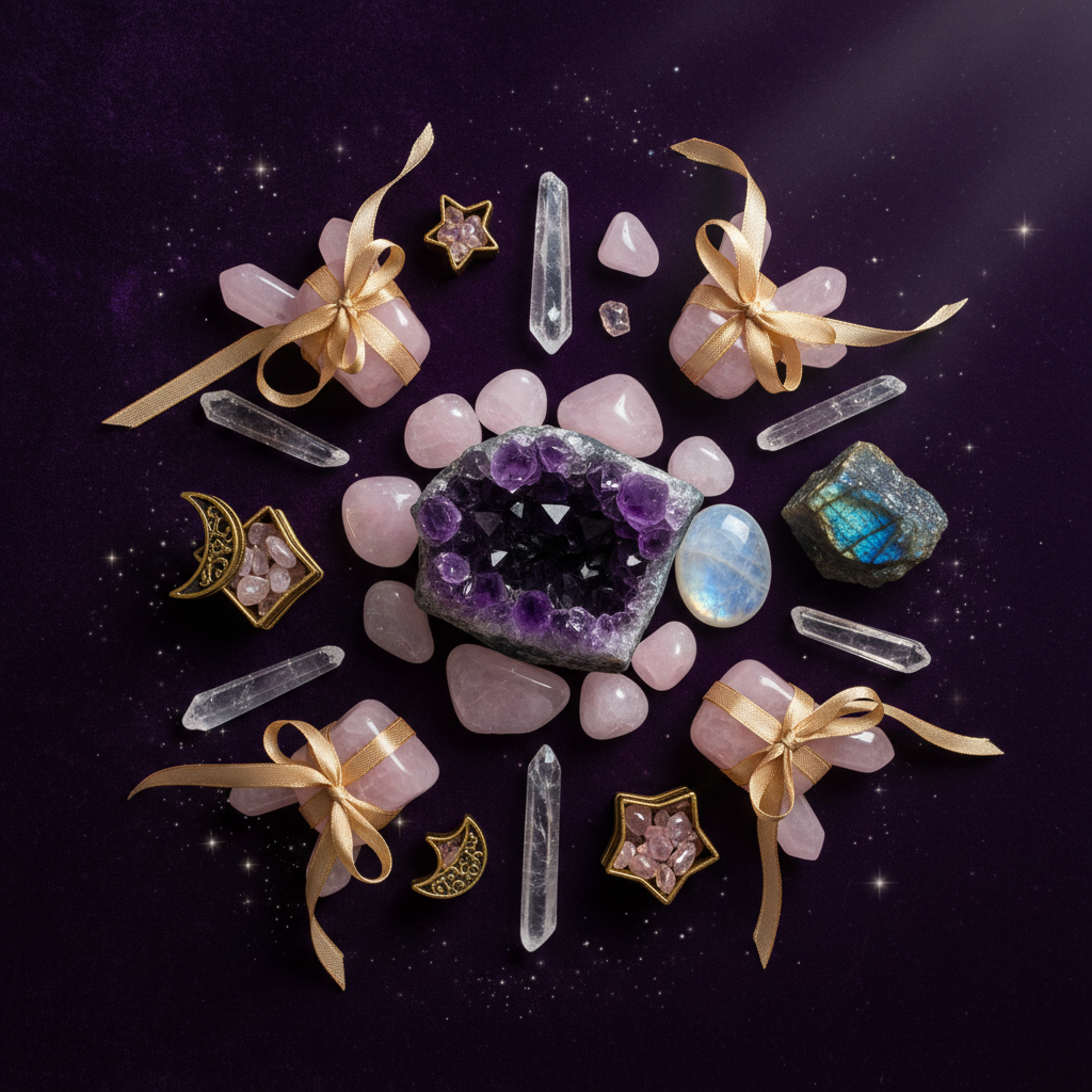 crystals and gemstones on a purple background