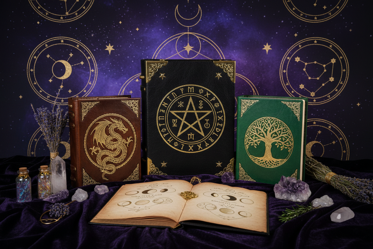 A collection of handmade journals and notebooks on a purple background