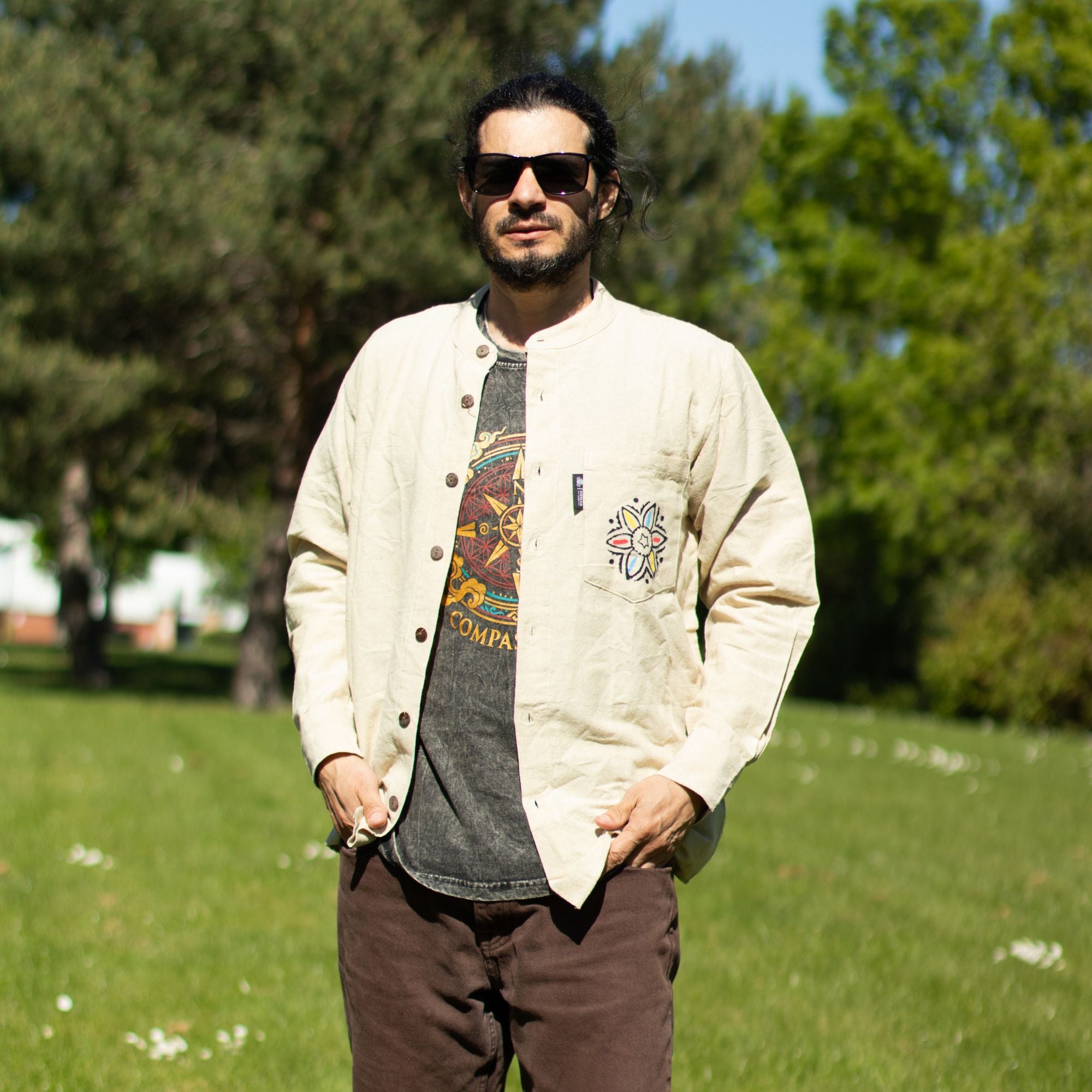 Nomad Sari Stonewashed Cotton T-Shirt - Compass of Life - Charcoal - XL