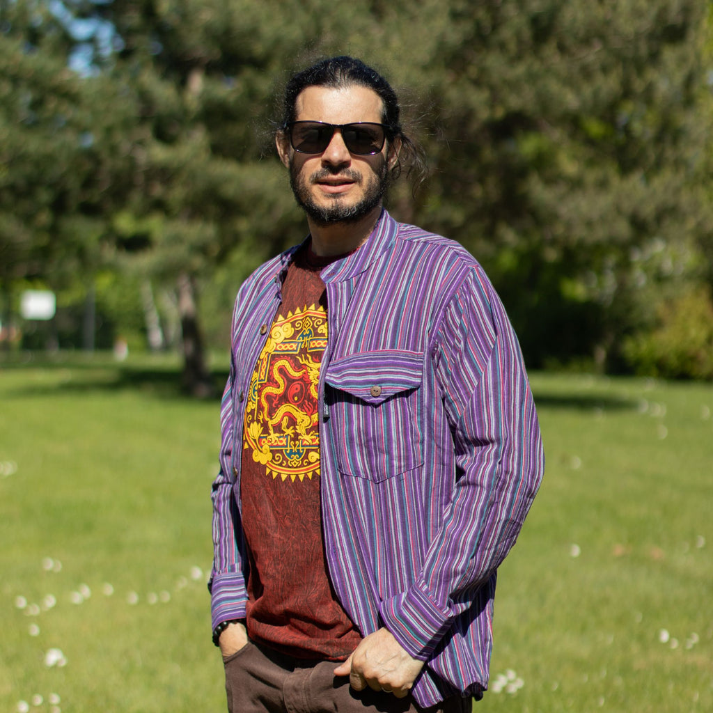 Nomad Sari Grandad Shirt - Black Purple - Large