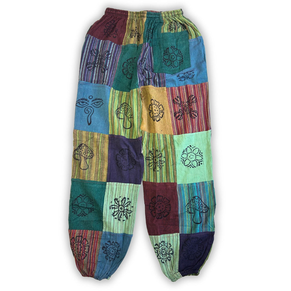 Nomad Sari - Mushroom Pants - Block Print Designs - Green Tones L/XL