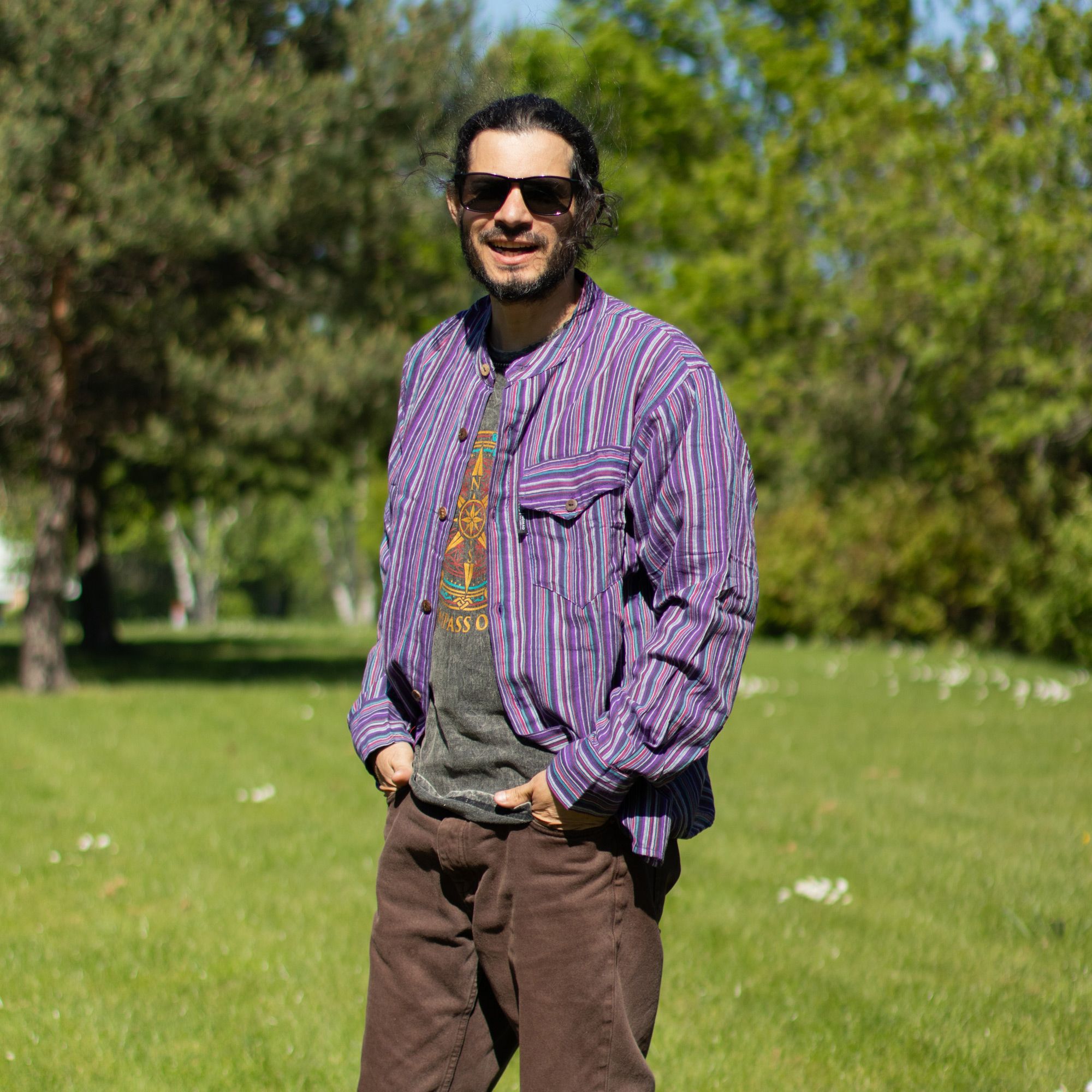 Nomad Sari Grandad Shirt - Black Purple - Large