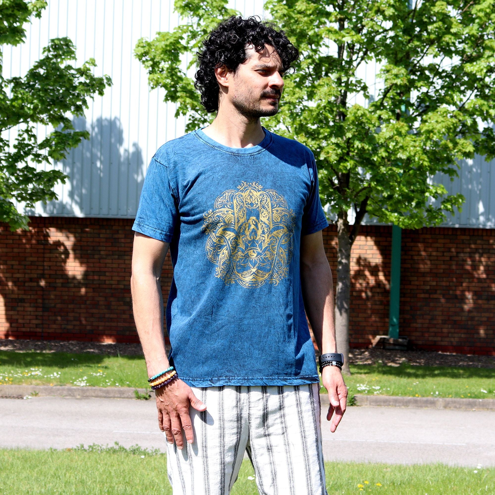Nomad Sari Stonewashed Cotton T-Shirt – Hamsa – Blue – Medium